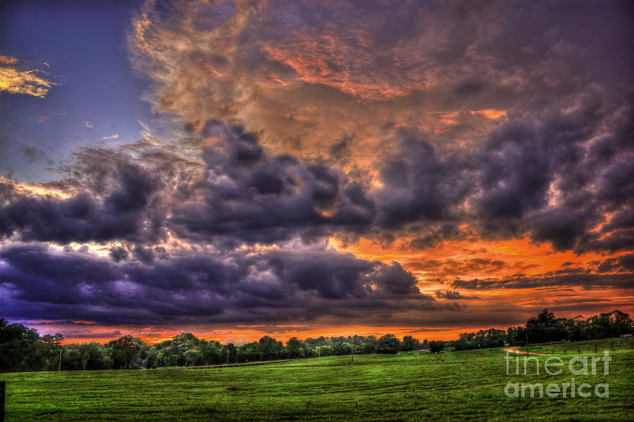 Sunset Photograph - Purple Haze Clouds at Sunset Over the Hayfield by Reid Callaway