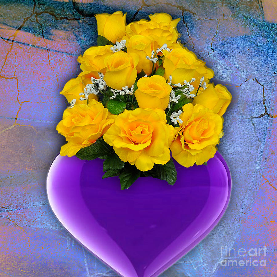 Purple Heart Vase with Yellow Roses Mixed Media by Marvin Blaine