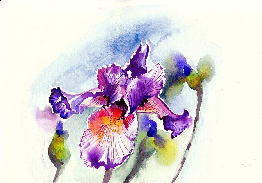 Purple Iris with Buds Watercolor Painting by Tiberiu Soos