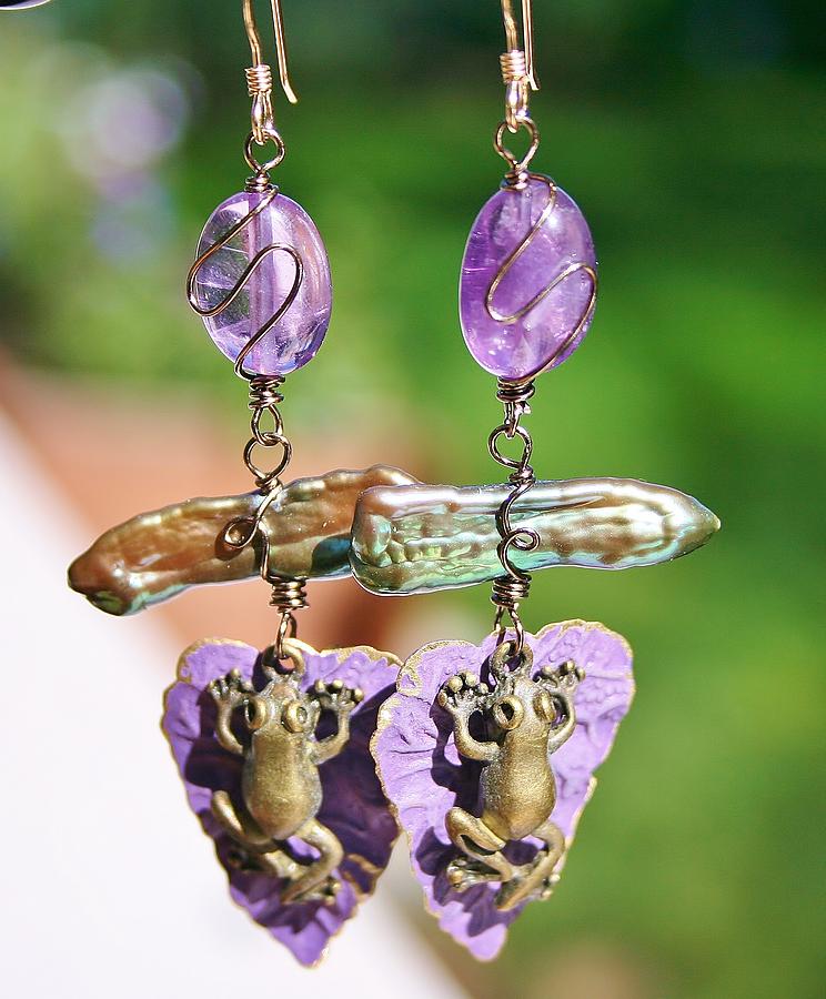 Frog Jewelry - Purple Lily Pad Landing Earings by Kelly Nicodemus-Miller