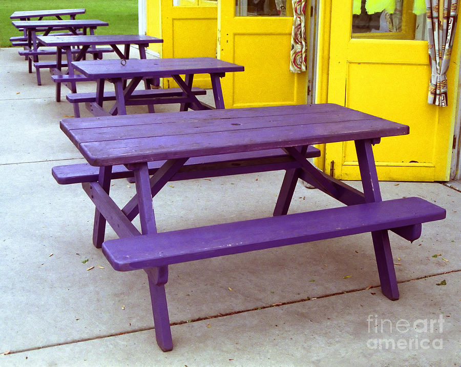 Purple Picnic Tables Yellow Doors Photograph by Tom Brickhouse