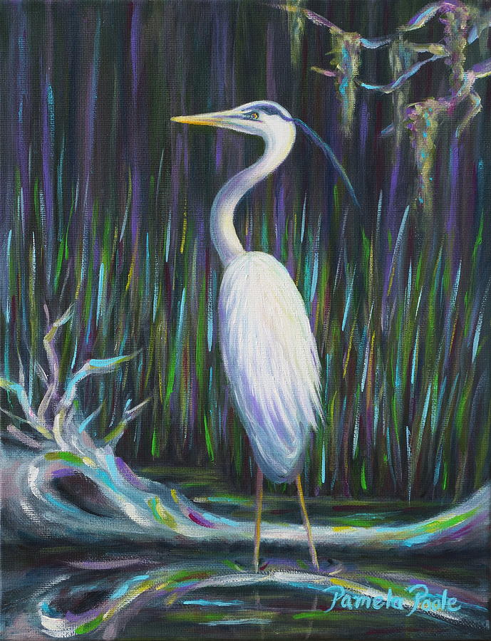 Purple Rain and Low County Heron Painting by Pamela Poole