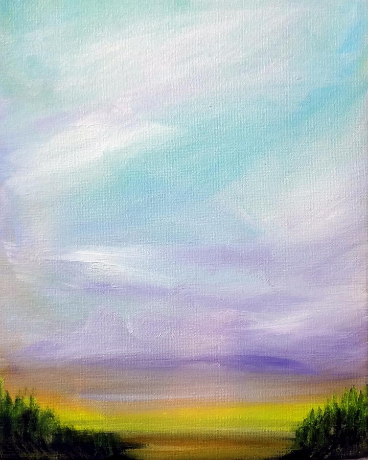 Purple Sky and Pine Forest Painting by Katy Hawk