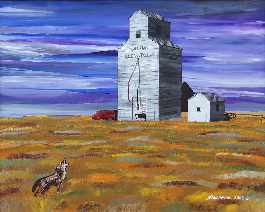 Landscape Painting - Purple Sky Grain Elevator by Mike Nahorniak