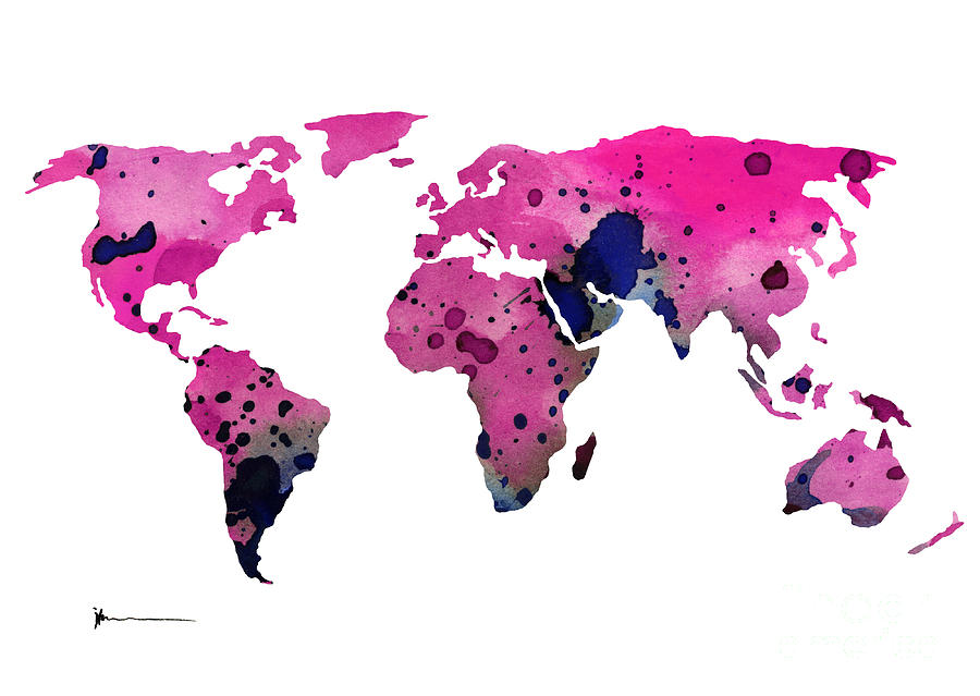 Purple World Map Silhouette Watercolor Art Print Painting Painting by ...