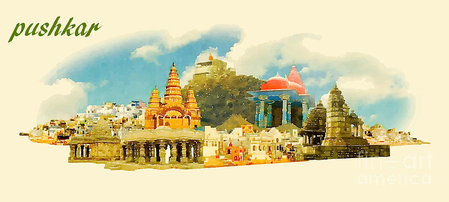 Color Digital Art - Pushkar City Panoramic Vector Water by Trentemoller Color Digital Art - Pushkar City Panoramic Vector Water by Trentemoller