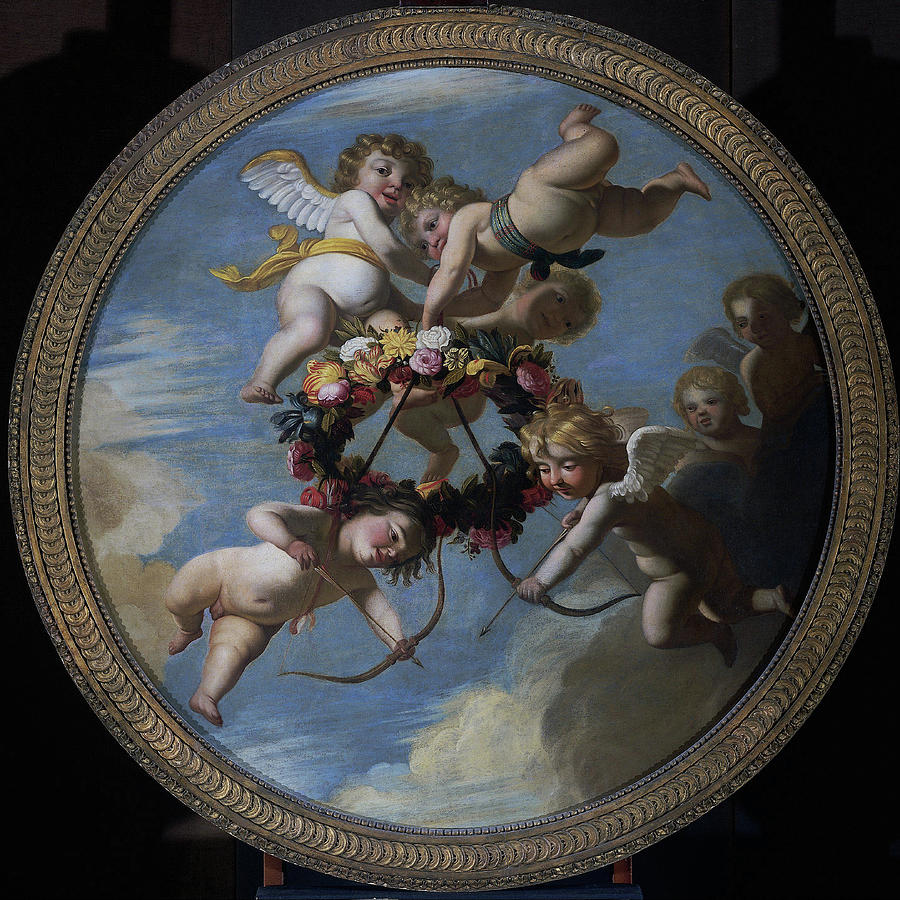 Putti With Flower Garland, Of Gerard Van Honthorst Drawing by