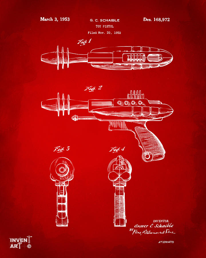 Pyrotomic Disintegrator Pistol Patent Red Digital Art by Nikki Marie Smith