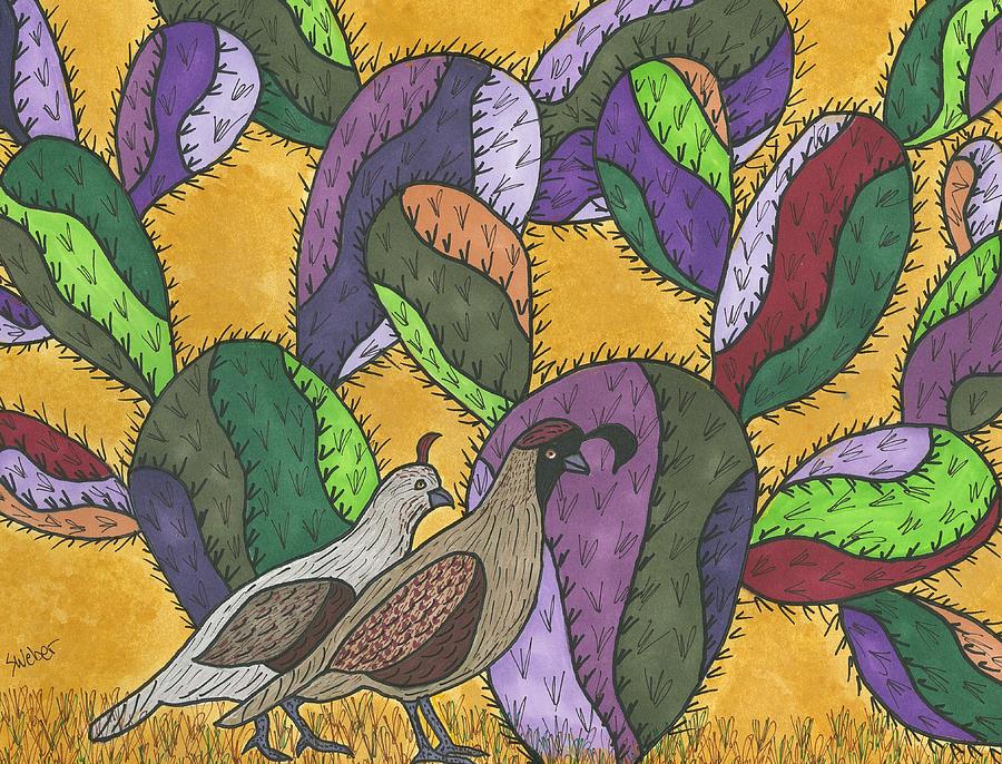 Quail and Prickly Pear Cactus Painting by Susie Weber