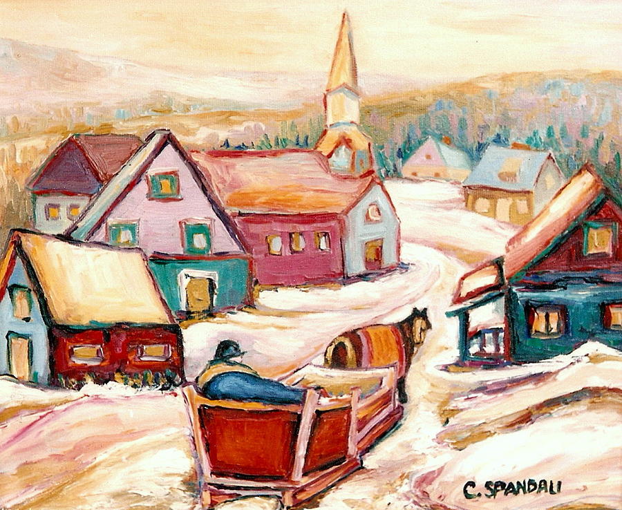 Winter Painting - Quebec City Street Scene Caleche Ride In The Village by Carole Spandau