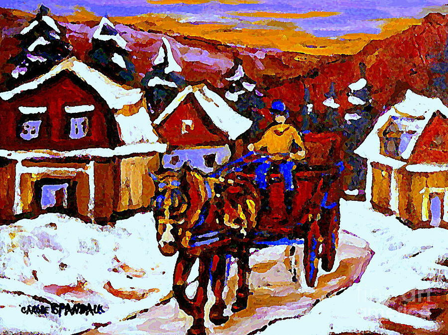 Quebec Landscape Paintings Red Sled Rider Thru Mont St Hilaire Quebec Winter Scene Painting Cspandau Painting by Carole Spandau
