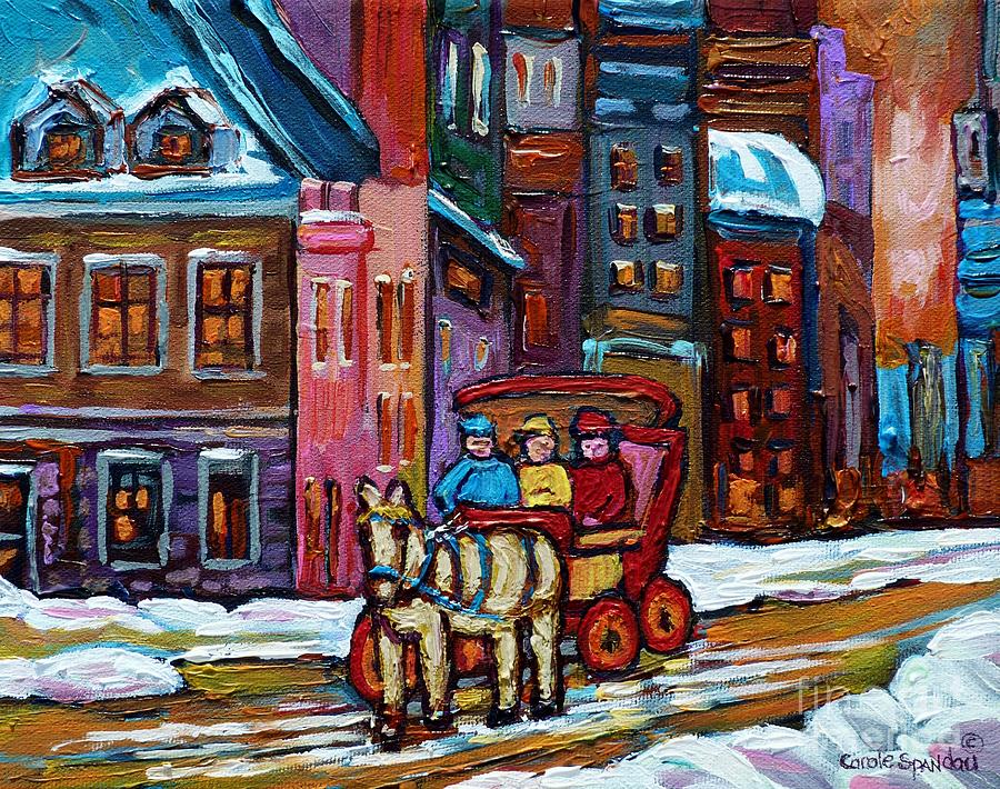 Quebec Paintings Old City Vieux Port Montreal Art Winter Wonderland Caleche And Horse Carole Spandau Painting by Carole Spandau