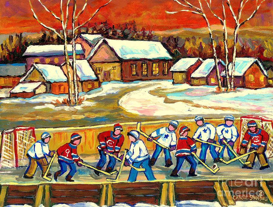 Quebec Rink Hockey Village Scene Canadian Winter Landscape Hockey Practice Orange Sky Carole Spandau Painting by Carole Spandau