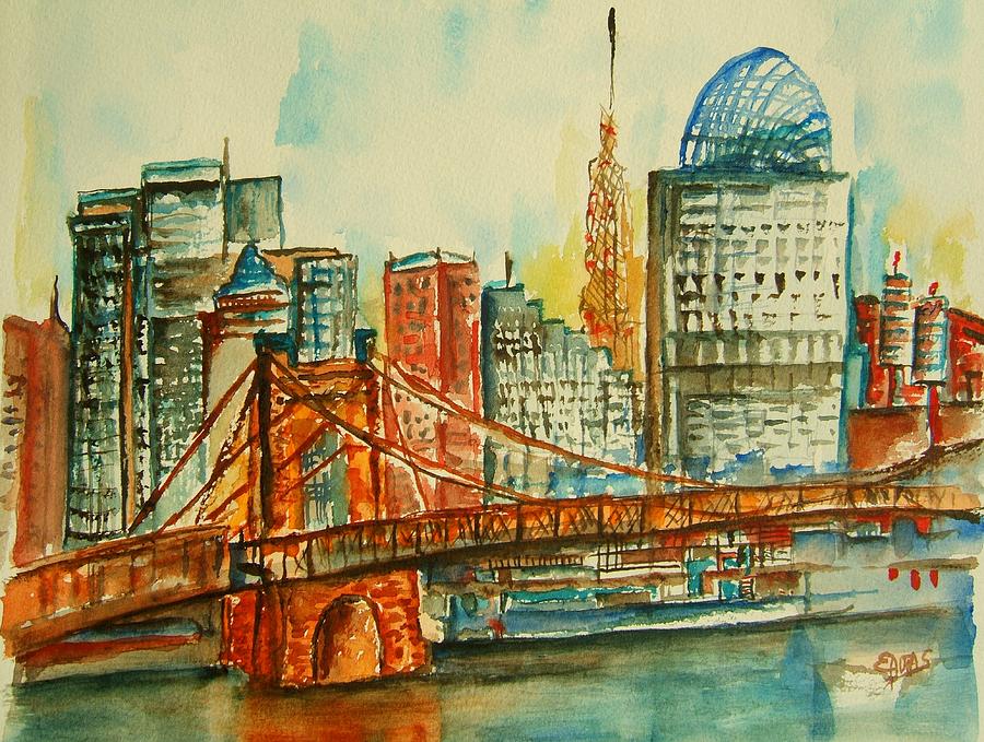 Queen City Skyline Cincinnati OH Painting by Elaine Duras