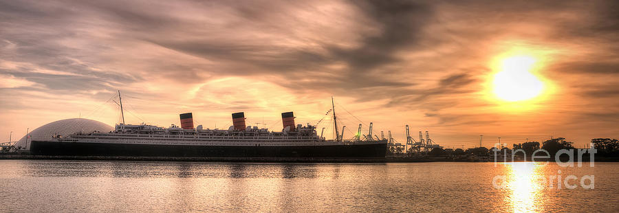Queen Mary Sunset Panorama Photograph by Eddie Yerkish