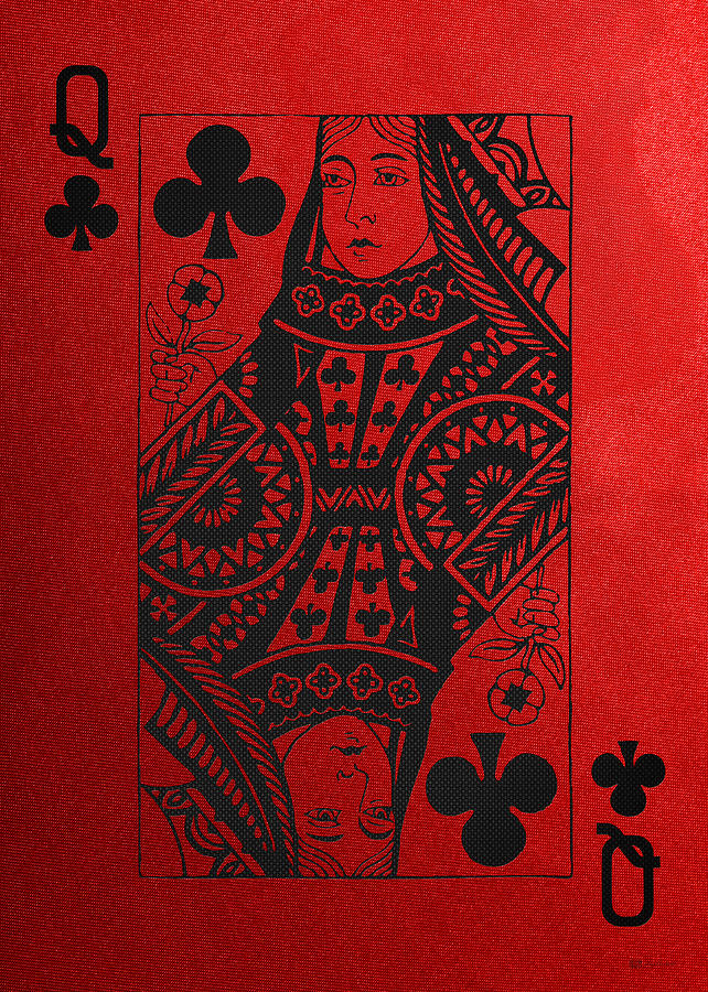 Queen of Clubs in Black on Red Canvas   Digital Art by Serge Averbukh