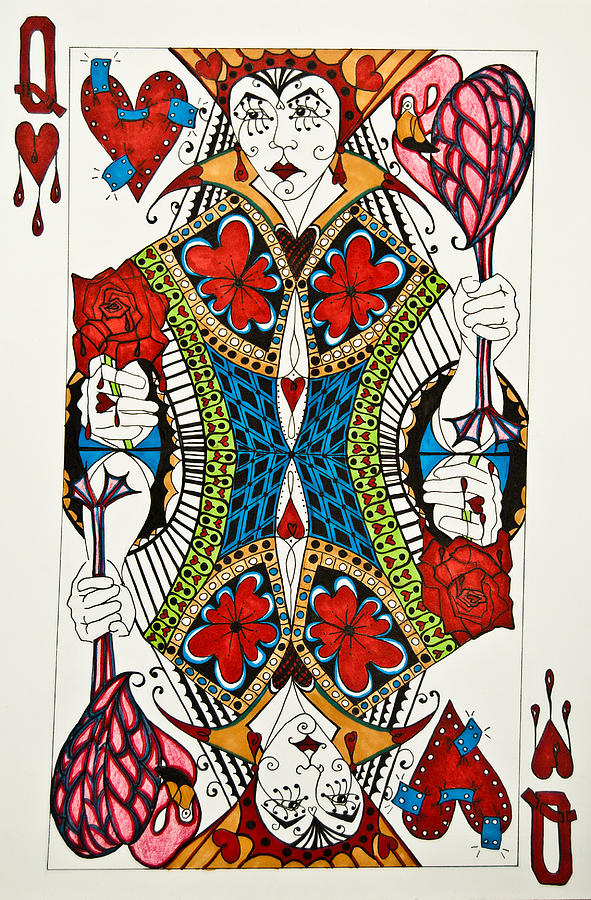 Queen Of Hearts Face Card Drawing by Jani Freimann