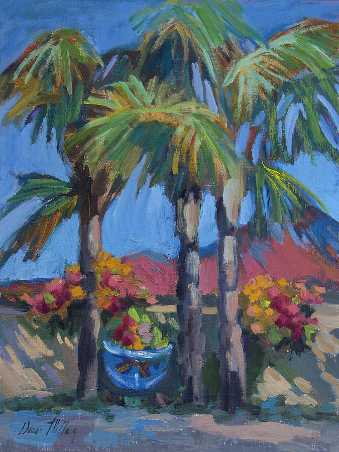 Desert Painting - Queen Palms and Flowers by Diane McClary