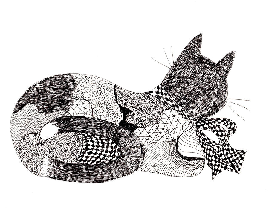 Quilt Cat with Bow Drawing by Lou Belcher