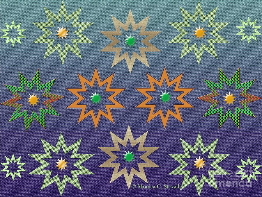 Quilt Design Stars on Shades of Blue and Green Digital Art by Monica C Stovall