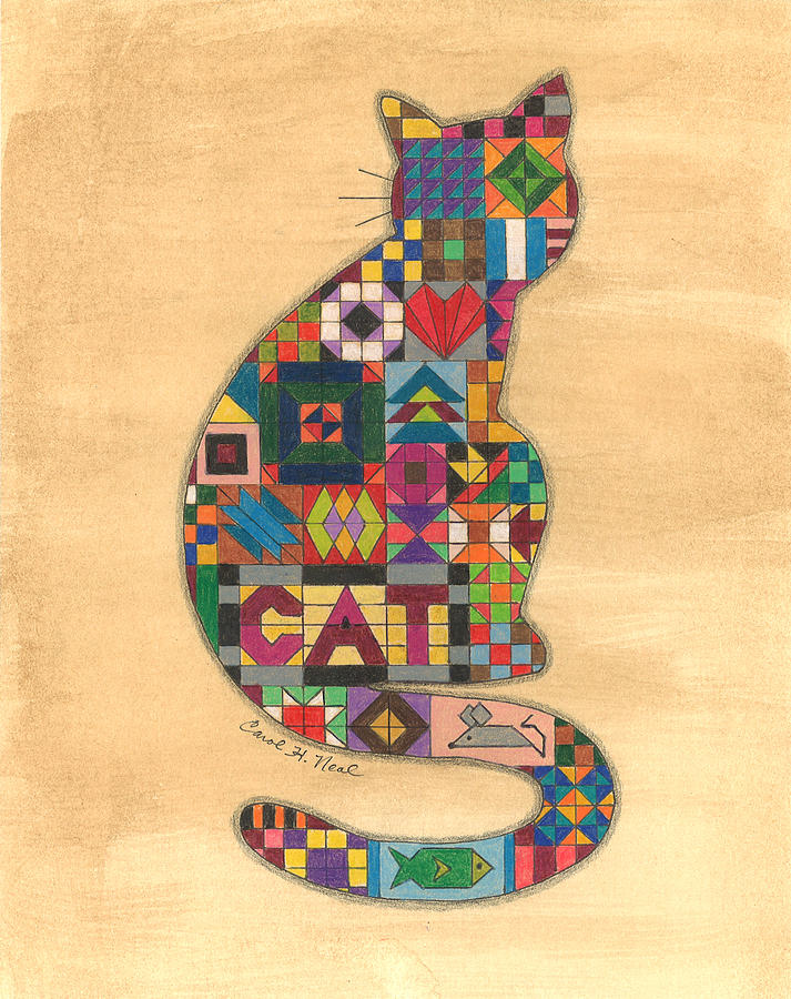 Cat Drawing - Quilted Cat by Carol Neal