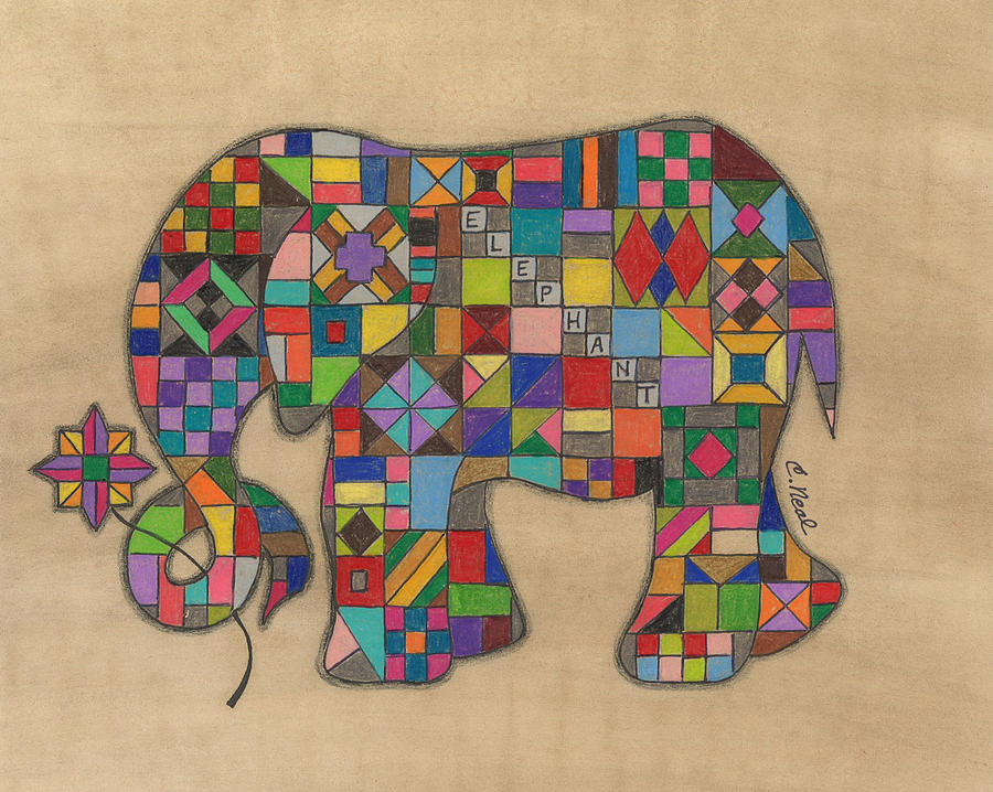 Quilted Elephant Drawing by Carol Neal
