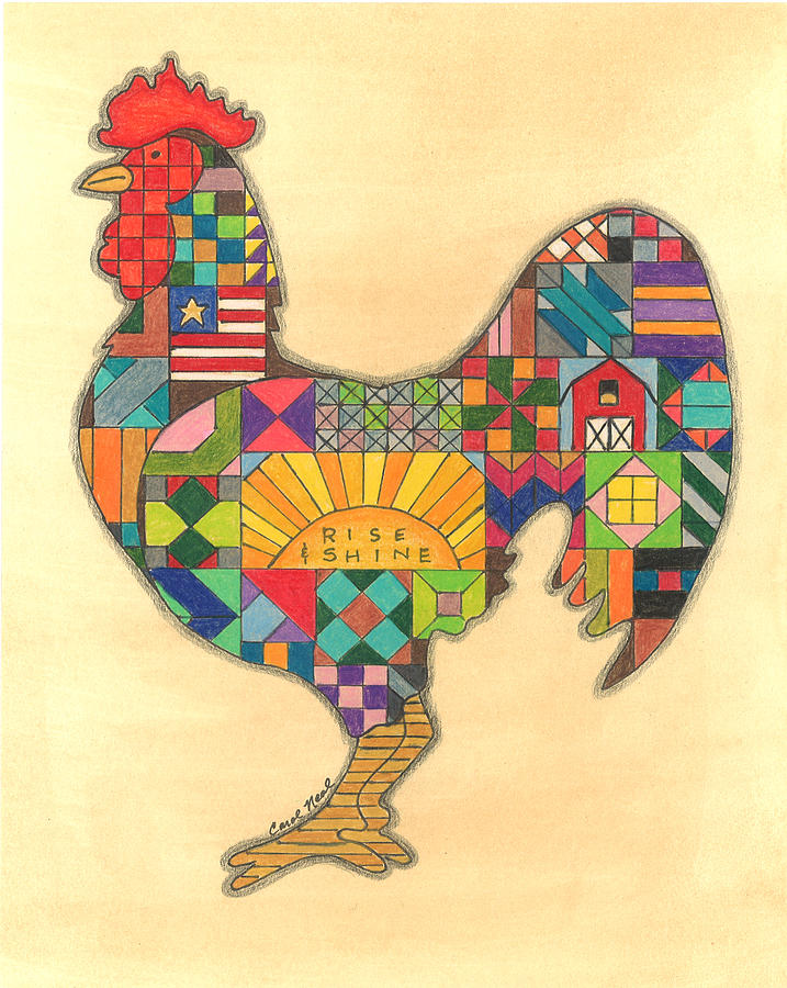 Quilted Rooster Drawing by Carol Neal