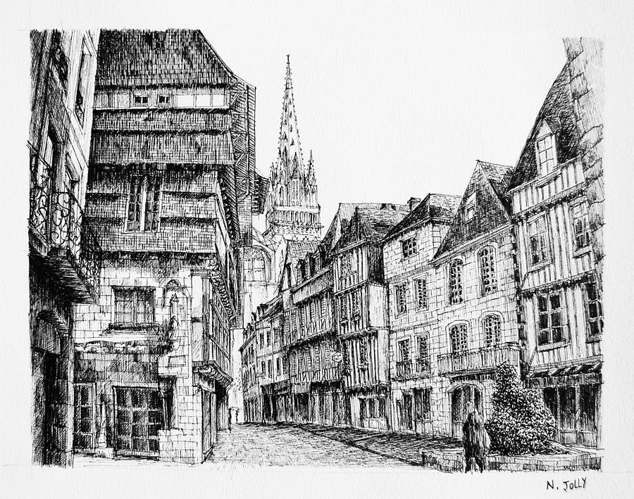 City Drawing - Quimper - Black ink by Nicolas Jolly