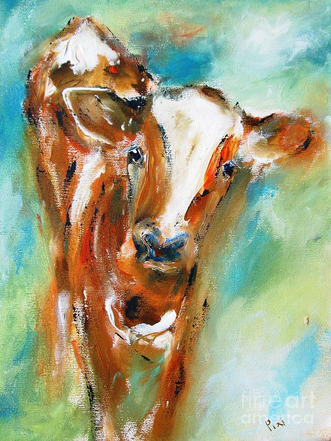Quizzical Calf Painting- Available As A Signed And Number Print On Canvas  Painting by Mary Cahalan Lee - aka PIXI