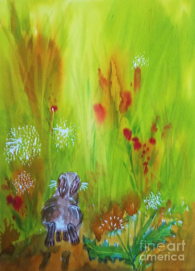 Rabbit Hopping Through The Wildflowers Painting by Ellen Levinson