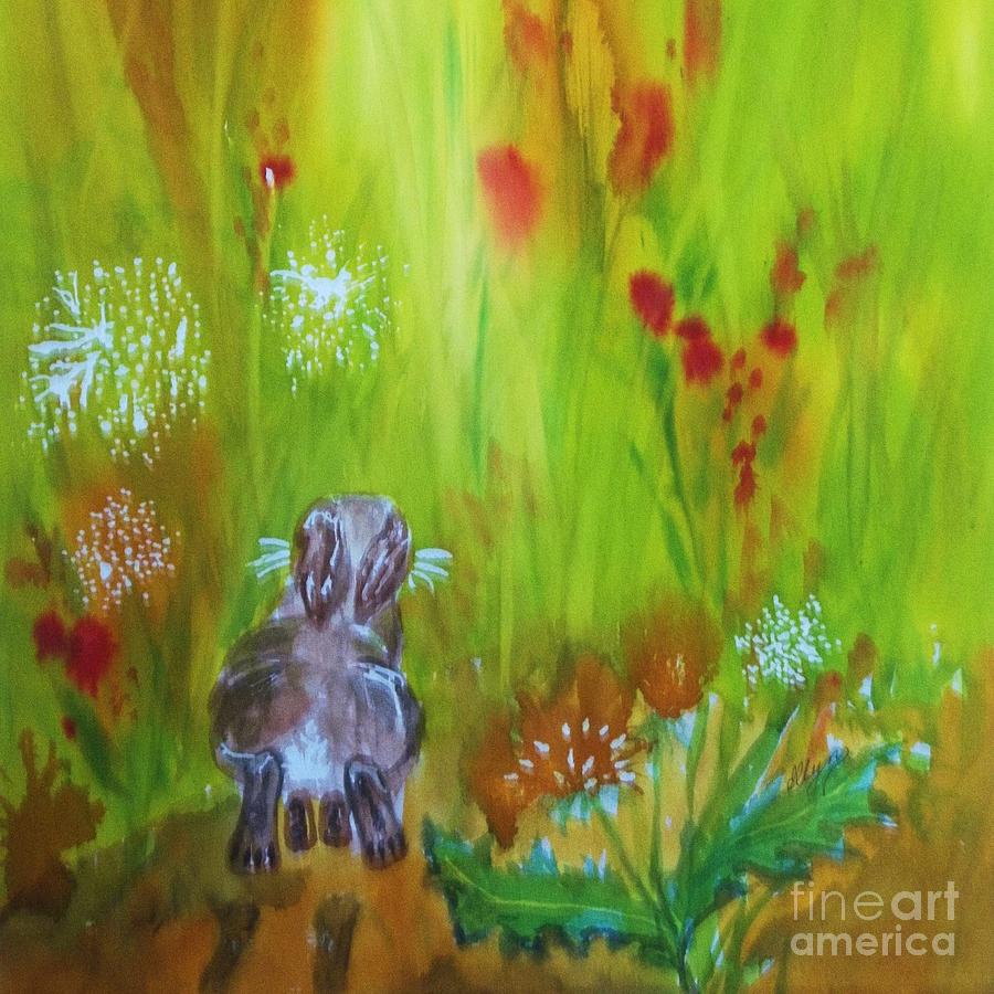Spring Painting - Rabbit Hopping Through The Wildflowers - Square by Ellen Levinson