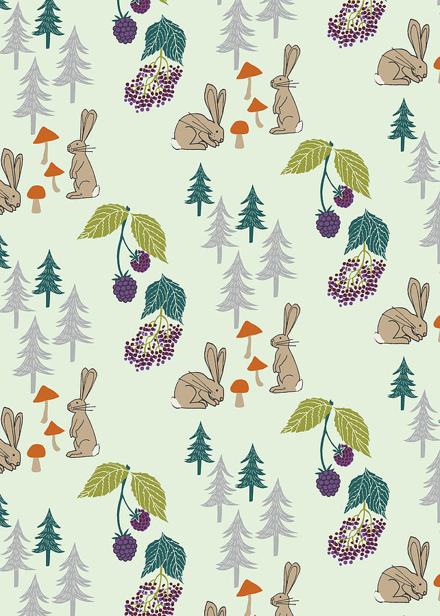 Rabbits Foraging In The Forest Vector Coordinate Pattern.jpg Painting by MGL Meiklejohn Graphics Licensing
