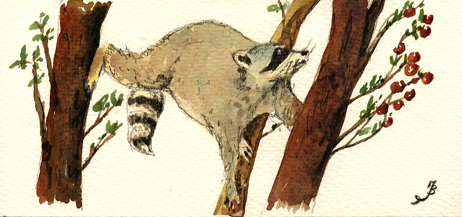 Nature Painting - Raccoon on tree by Juan  Bosco