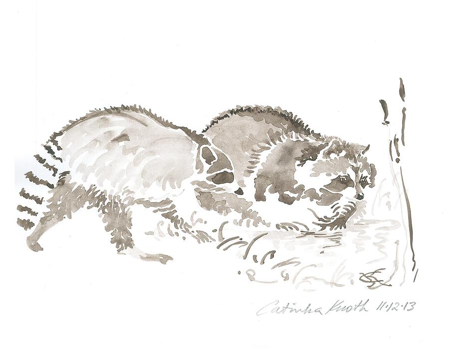 Raccoon rascals  clean food pond watercolor  drawing Painting by Catinka Knoth
