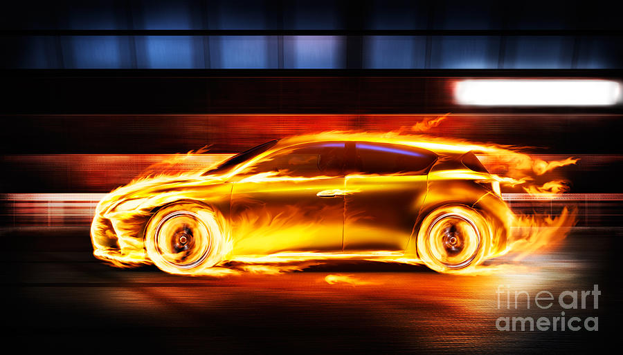 Race car in burning flames in a tunnel Photograph by Maxim Images Exquisite Prints