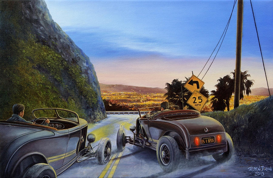 Hot Rod Painting - Race to Dead Mans Curve by Ruben Duran