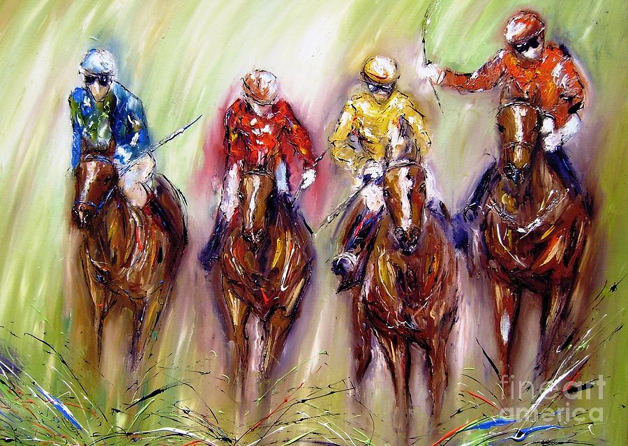 Irish Racehorses Available As A Signed And Numbered Print See Www.pixi-.com Painting by Mary Cahalan Lee - aka PIXI