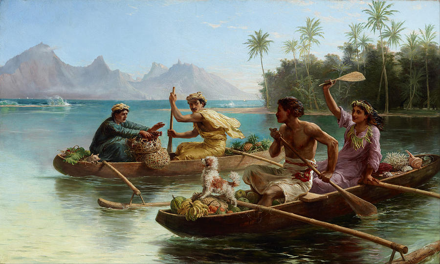 Boat Painting - Race to the market Tahiti by Nicholas Chevalier