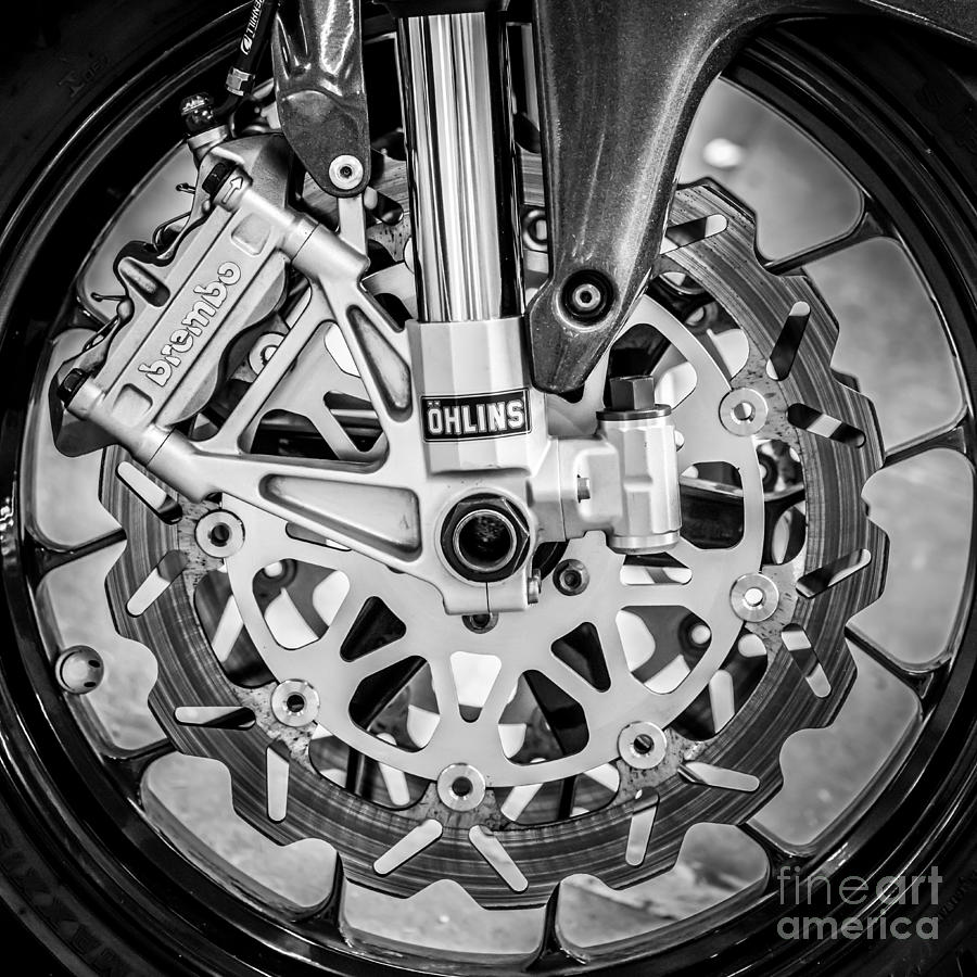 Black And White Photograph - Racing Bike Wheel with Brembo Brakes and Ohlins Shock Absorbers - Square - Black and White by Ian Monk
