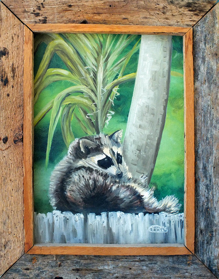 Racoon on the Fence Framed Painting by Duane McCullough