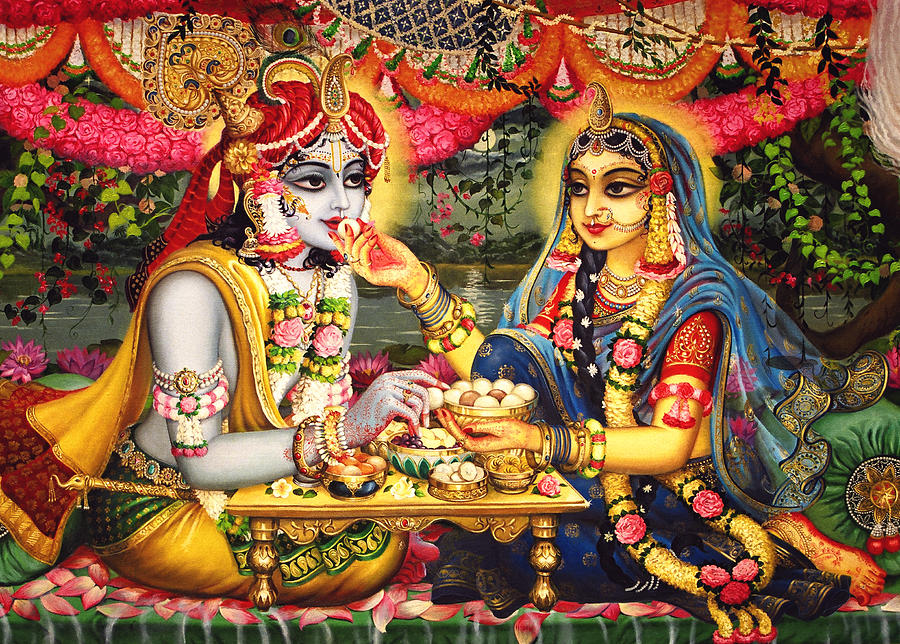 Radha Krishna Bhojan Lila on Yamuna Painting by Vrindavan Das