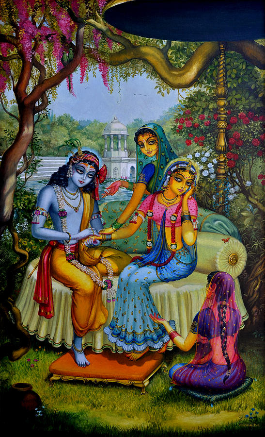 Radha Krishna man lila on Radha kunda Painting by Vrindavan Das