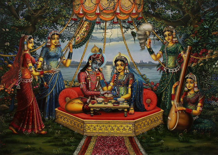 Parrot Painting - Radha Krishna taking meal   by Vrindavan Das