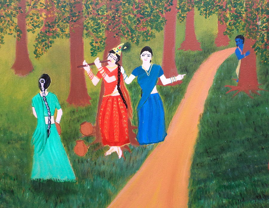 Flute Painting - Radha Playing Krishna by Pratyasha Nithin