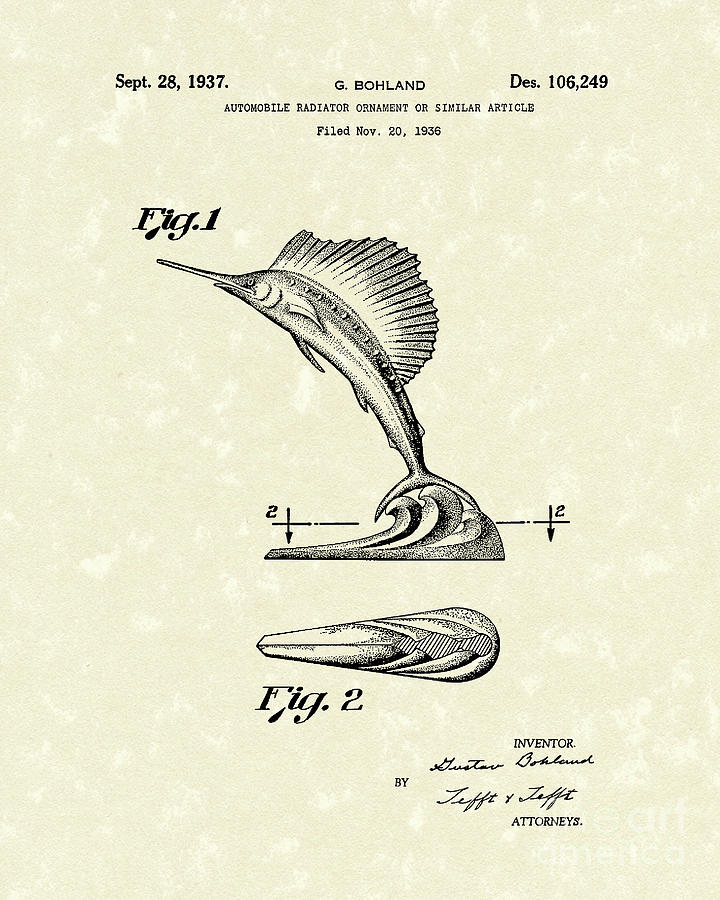 Radiator Ornament 1937 Patent Art Drawing by Prior Art Design