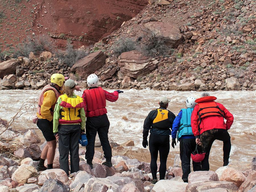 Human Photograph - Rafters Scouting Rapids by Jim West Human Photograph - Rafters Scouting Rapids by Jim West