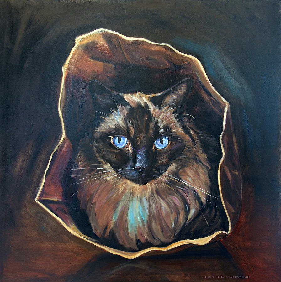 Ragdoll Painting - Cat Painting. Ragdoll cat The Cats in the Bag by Christine Montague