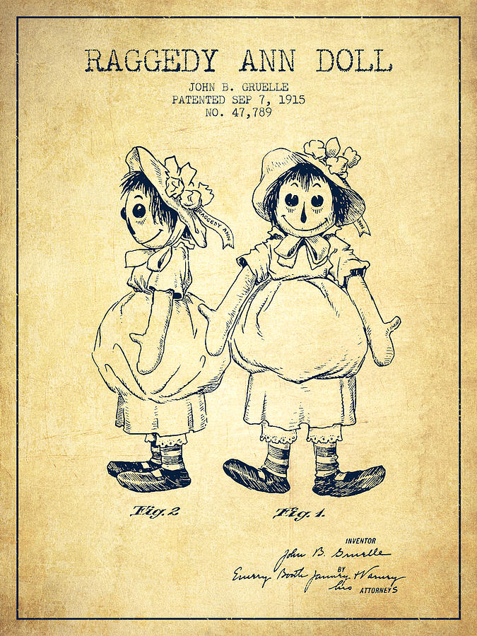 Raggedy Ann Doll patent from 1915 Vintage Digital Art by Aged Pixel