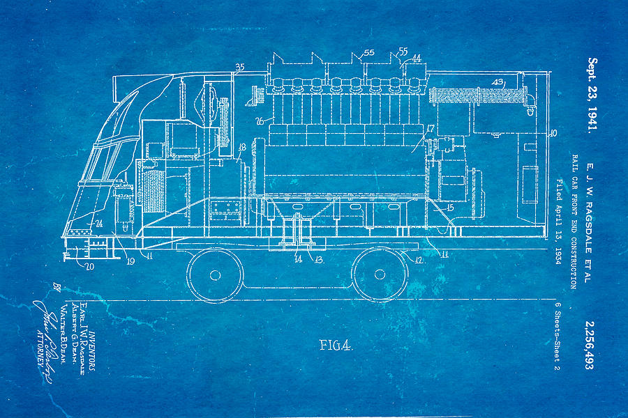 Train Photograph - Ragsdale Pioneer Zephyr Train 2 Patent Art 1941 Blueprint by Ian Monk