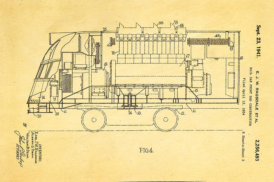 Train Photograph - Ragsdale Pioneer Zephyr Train 2 Patent Art 1941 by Ian Monk